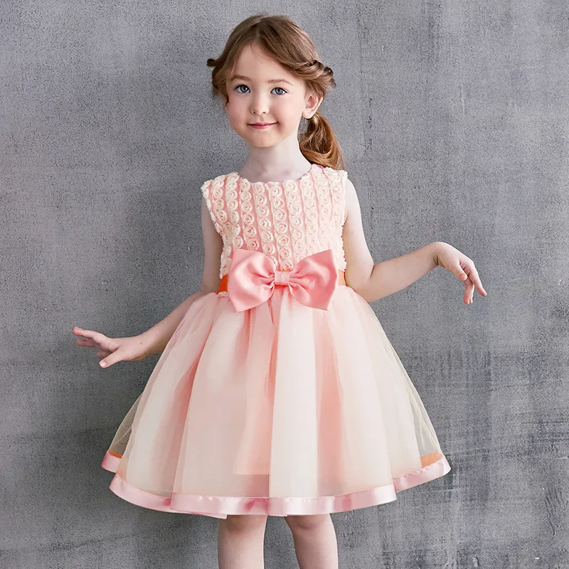 Pink Yellow Lace Mesh Flower Girl Dress KneeLength Round Collar with Rcued Bow Summer Clothes for 2 to 6 Years Children | Детская одежда