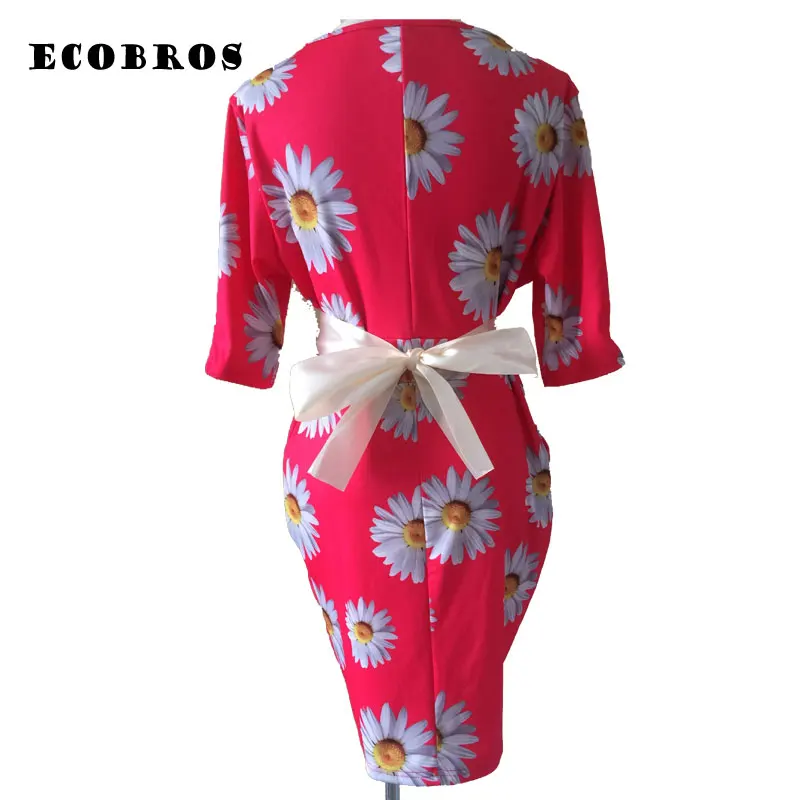 ECOBROS Большой размер 6XL Новый Жира ММ Женщины Лето Dress bodycon хризантемы печати