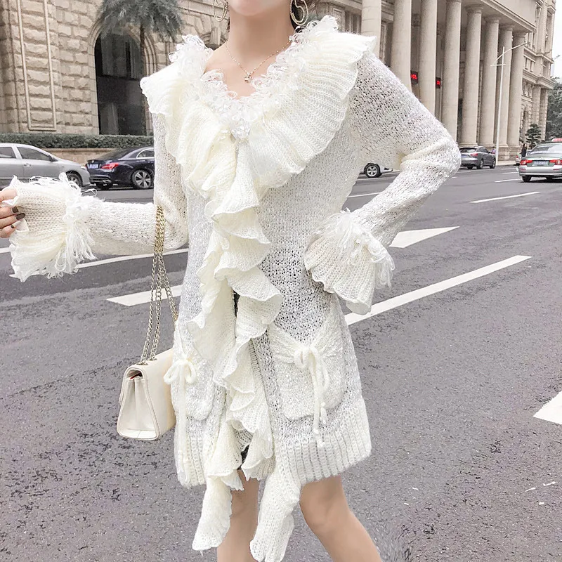 Fashion Knit Cardigan Sweater Women's 2018 Autumn Winter New V-Neck Long Ruffled Sleeve Slim Coat Single Breasted |