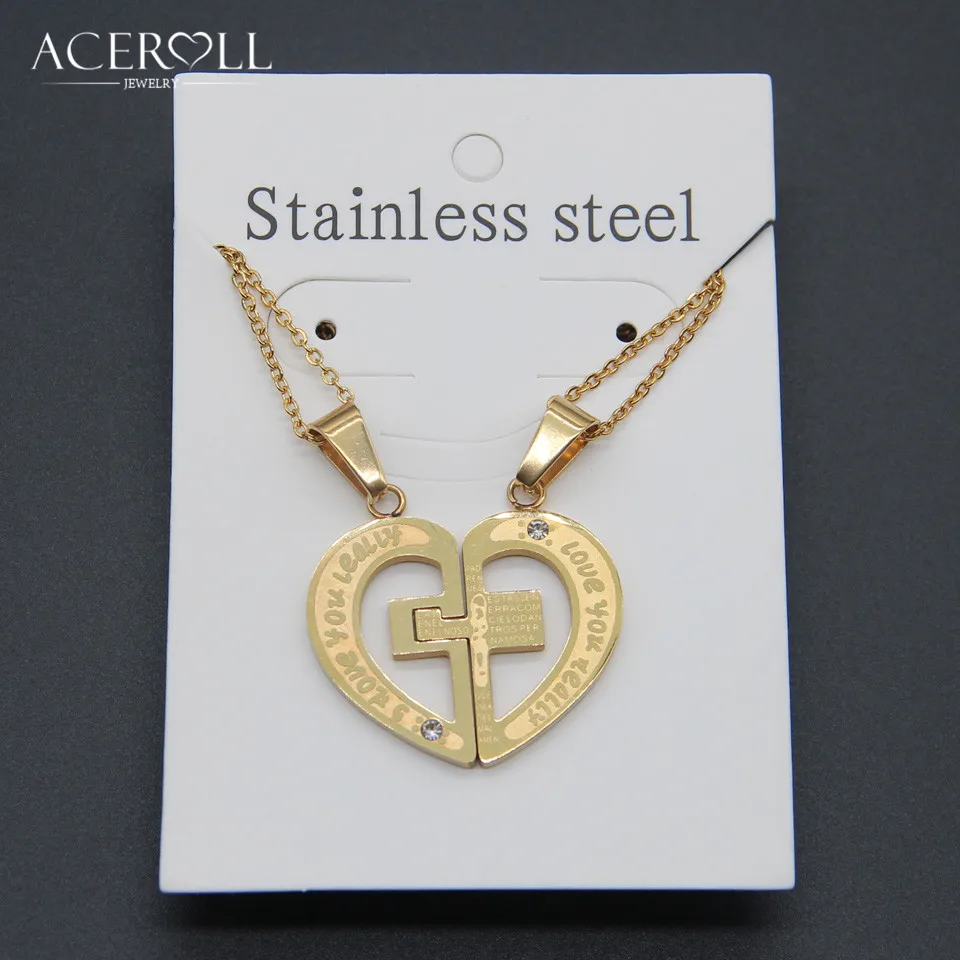 ACEROLL Stainless Steel Couple Necklace Matching Cross Broken Heart With I Love You And Scripture Engraved Puzzle | Украшения и