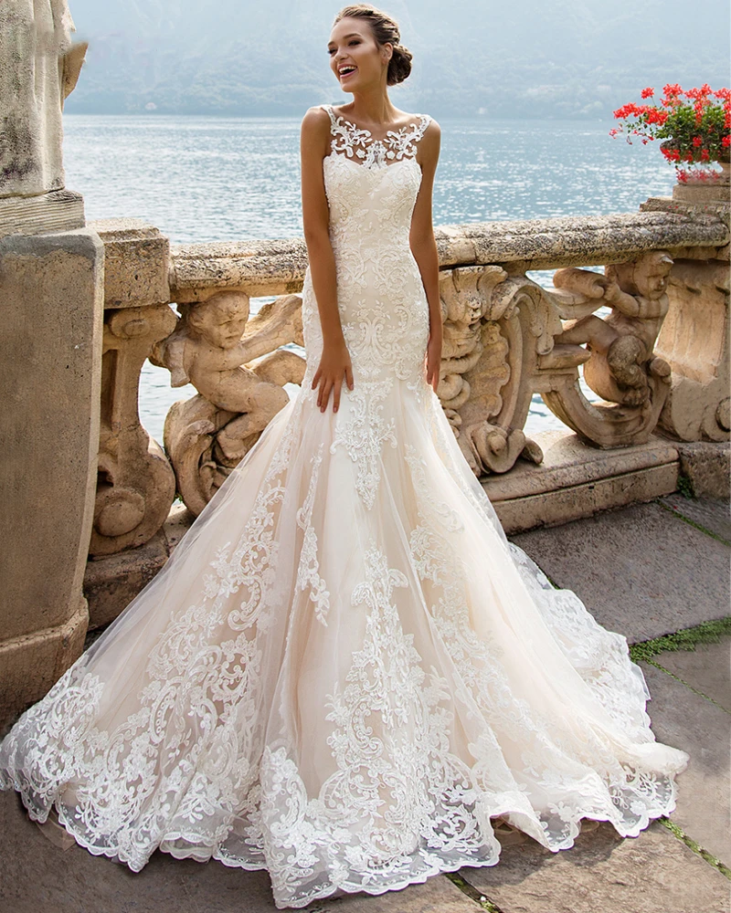 Женское свадебное платье с юбкой-годе элегантное без рукавов открытой спиной и