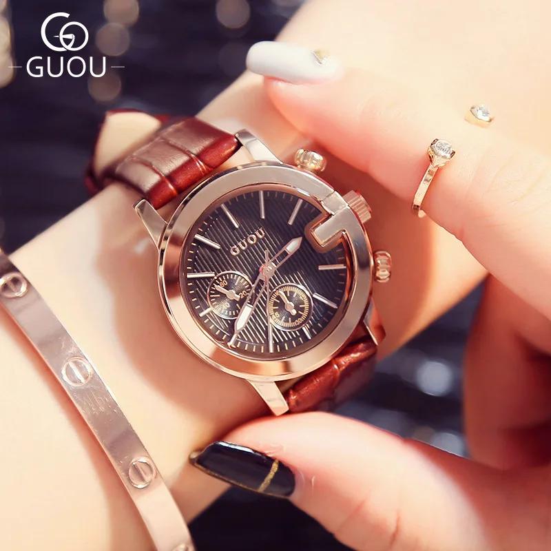 Новая мода GUOU золото известный бренд стиль первый слой кожаный ремешок кварцевые