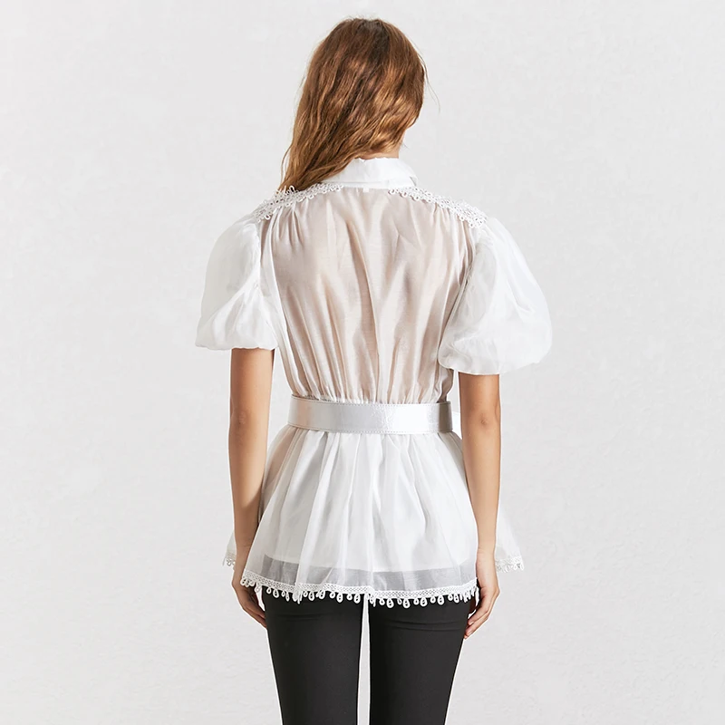 TWOTWINSTYLE Elegant Embroidery Patchwork Women Blouse Lapel Collar Half Sleeve Tunic Chiffon Shirt Female Fashion Summer