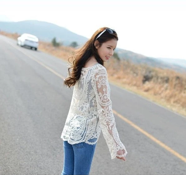 Blusas Femininas, женская сексуальная Кружевная блуза с длинным рукавом, топы, модные Ажурные вязаные топы