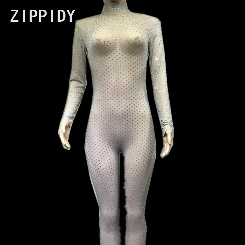 nude jumpsuit Блестят стразы телесного цвета комбинезон сетка Панорамное боди Для женщин День рождения наряд ночной клуб DS пикантные Стрейчевые леггинсы - Цвет: nude jumpsuit