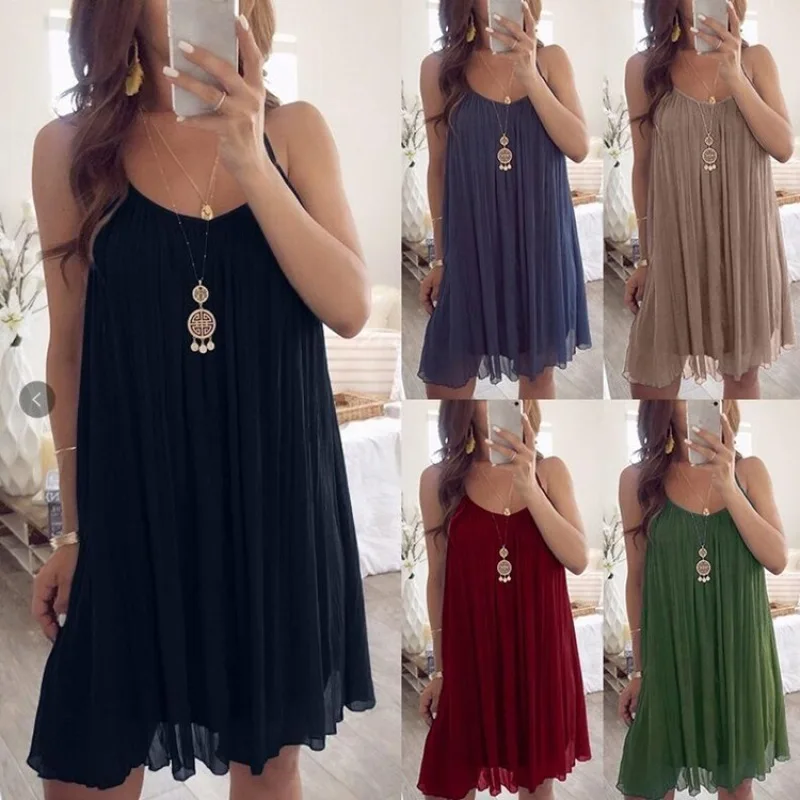 

Women Summer Sleeveless Strap A Line Dress Beach Party Short Mini Slip Dress Plus