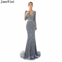 janevini 2018 tulle vintage bridesmaid dresses with luxury beading v neck long sleeves sweep train mermaid prom gowns for women