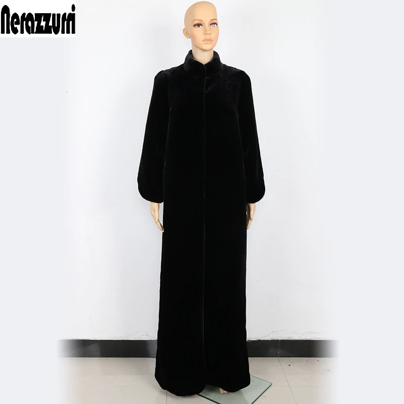 

Nerazzurri Floor length faux fur coat women black extra long plus size warm outerwear winter furry fake fur overcoat 5xl 6xl 7xl