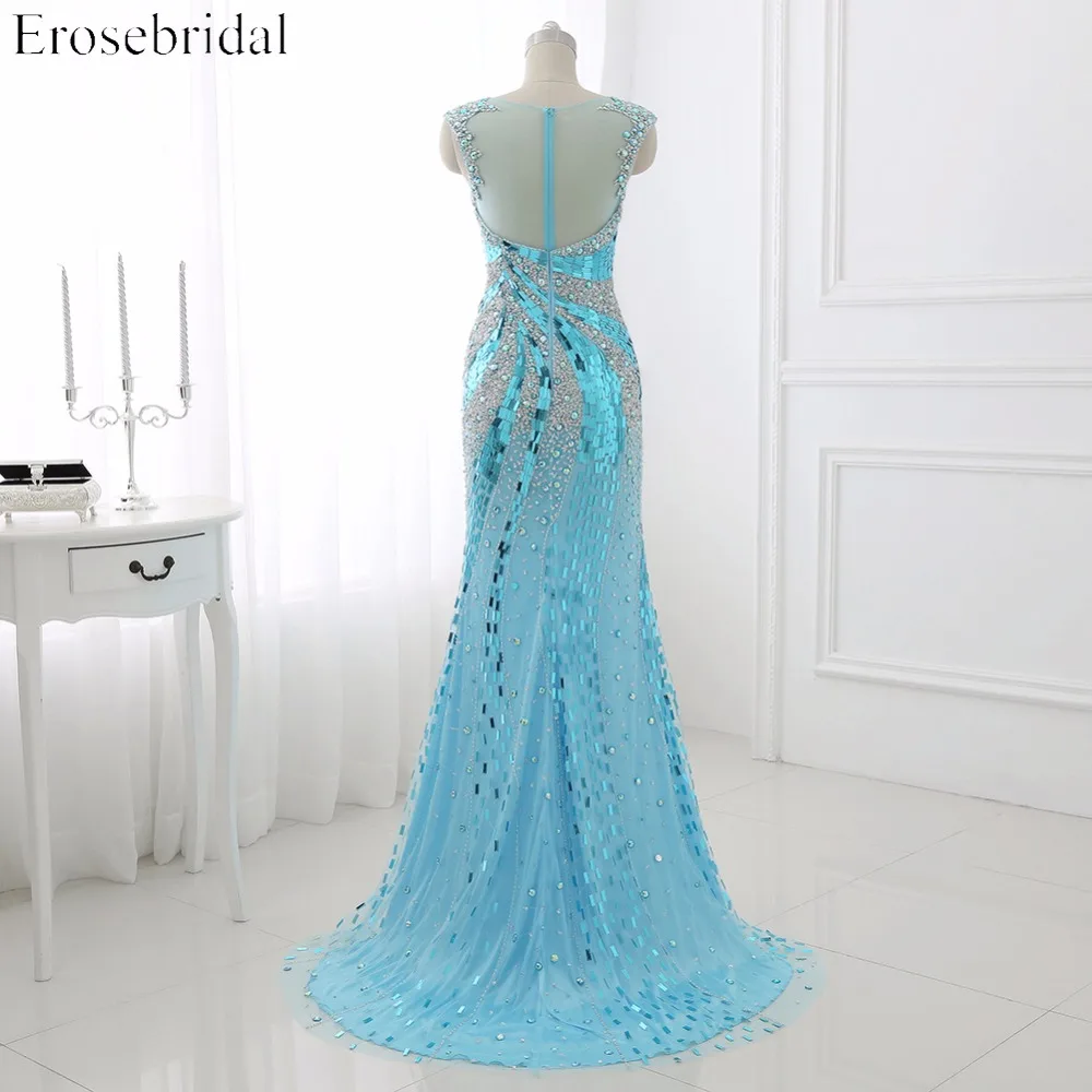 Женское блестящее вечернее платье со шлейфом Erosebridal синее длинное с блестками