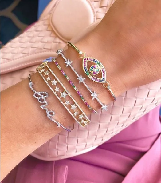 Позолоченный с микрозакрепкой cz Звезда кластер широкий браслет Открытый модные