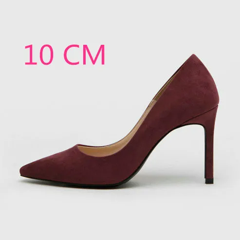 Wine-10CM Heel Женские туфли-лодочки из флока на высоком каблуке с острым носком, пикантная женская обувь на тонком каблуке, chaussure femme, осень - Цвет: Wine-10CM Heel