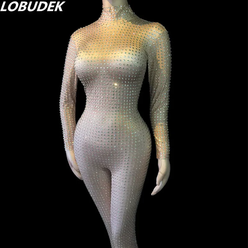 Flashing Silver Rhinestones Jumpsuit Skin Color Crystals Stretch Bodysuit Sexy Nightclub Women Singer Stage Wear Party Costumes