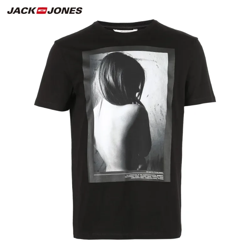 Мужская футболка JackJones черная прямого силуэта из 100% хлопка с принтом и круглым