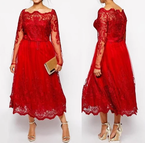 

Скромное Красное Кружевное платье для матери невесты, Прозрачное платье с длинным рукавом, длиной ниже колена для гостей свадьбы, индивидуа...