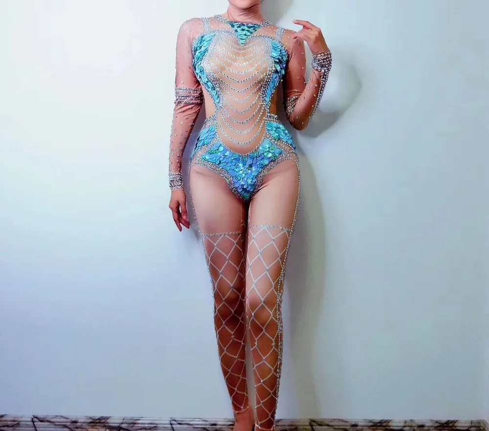 

2021 Для женщин Новые блестящие стразы; С голубыми стразами пикантные комбинезон стретч для выпускного наряд для вечеринки шоу команды для та...