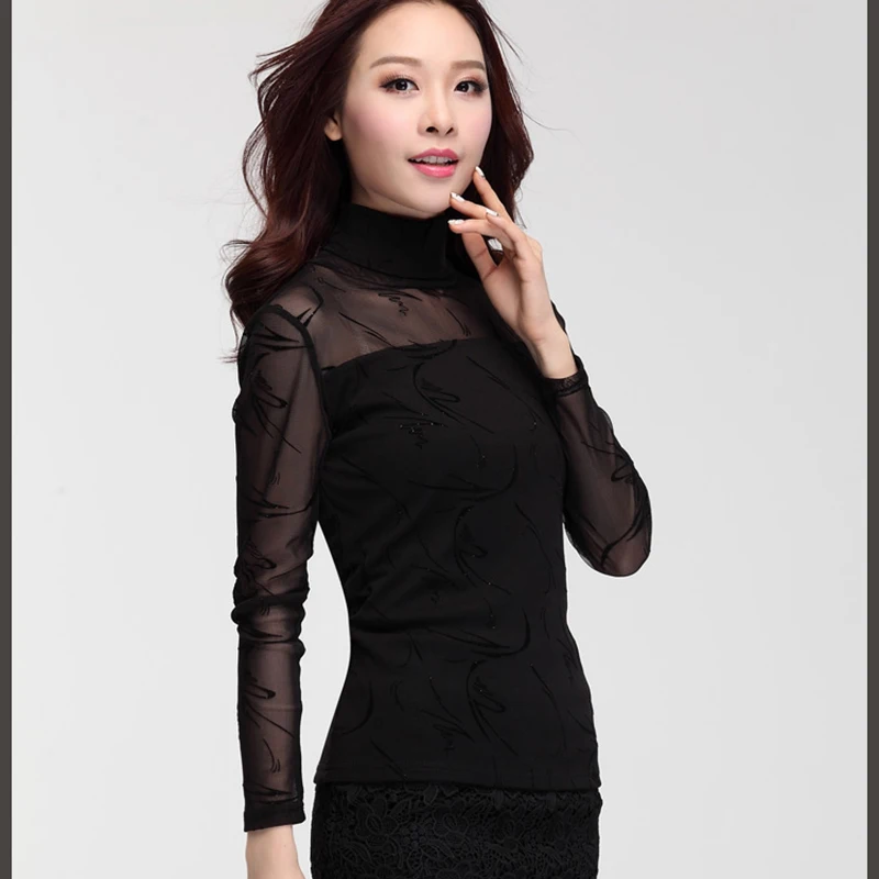 2019 Весна Modis женские блузки Черные Сетчатые рубашки с длинным рукавом эластичные