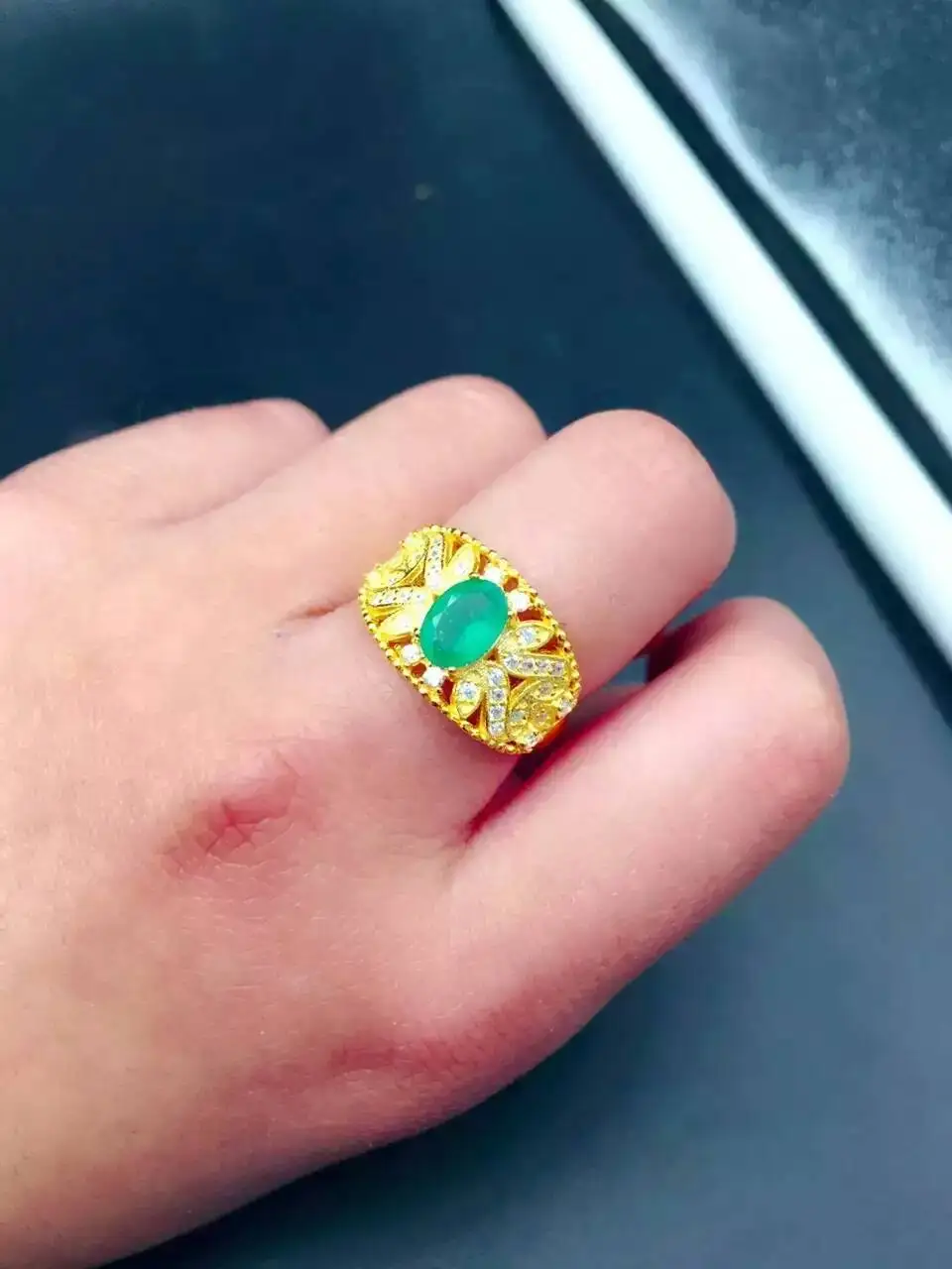 

Natural green emerald Ring Natural gemstone ring 925 sterling silver trendy Elegant Hollow thick palace women party Jewelry