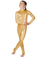 icostumes long sleeve shiny metallic catsuits mock neck girls dance unitard child bodysuit for stage performance
