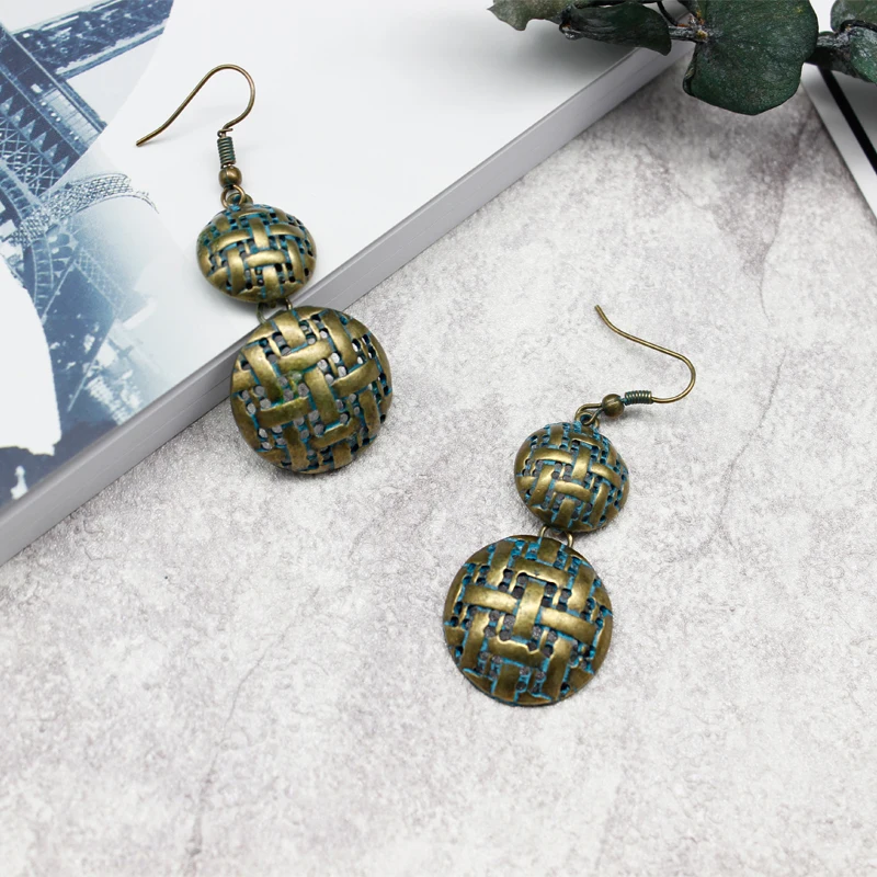 Серьги капельки в форме зеленой бронзы антикварные текстурированные богемные