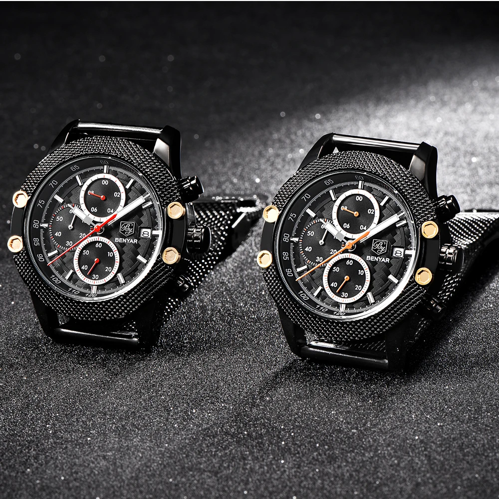 

BENYAR Mens Watches Top Luxury Sport Chronograph Fashion Men Waterproof Luxury Brand Gold Quartz Watch saat reloj hombre