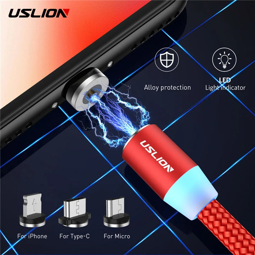 Магнитный светодиодный usb кабель USLION магнитный штекер USB Type C Micro для Samsung Xiaomi iPhone X 8