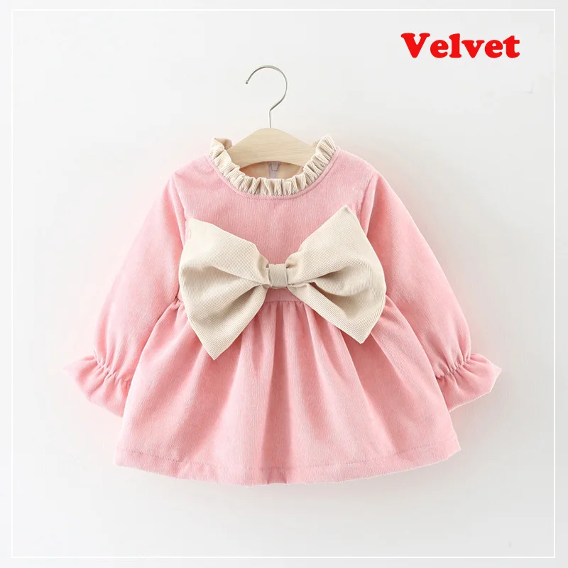Velvet Pink Весенне-осенние детские платья с длинными рукавами для маленьких девочек плиссированное платье-пачка принцессы с бантом и оборками Vestidos S7353 - Цвет: Velvet Pink