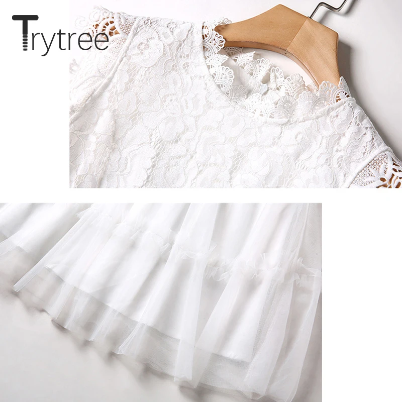 Trytree летнее осеннее платье женское повседневное кружевное с круглым вырезом без