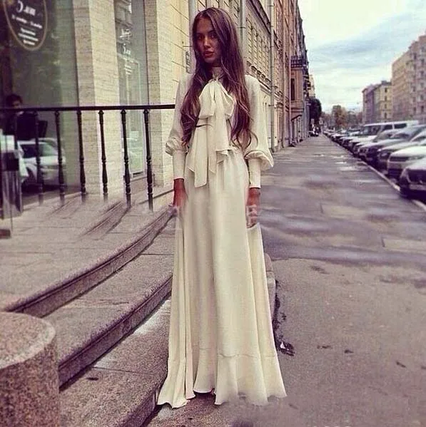 Элегантное шифоновое белое Бохо Макси женское платье с поясом длинным рукавом