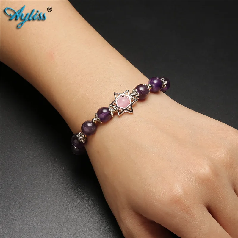 Ayliss Natural Stone Bracelets Hollow Six-pointed Star Elastic Bracelet Gem Purple Pink Stretch Jewelry 6.5&quotinch | Украшения и