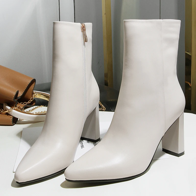 

Salu New Arrival Genuine Leather Boots Square High Heel Pointed Toe Sexy Ankle Boots for Women Autumn Ladies Platform Shoes