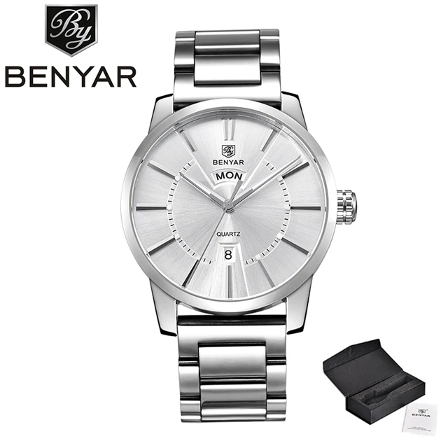 Топ люксовый бренд Мужские часы Benyar спортивные повседневные наручные часы мужские s стальные деловые часы мужские модные часы Relogio Masculino - Цвет: S-sillver white