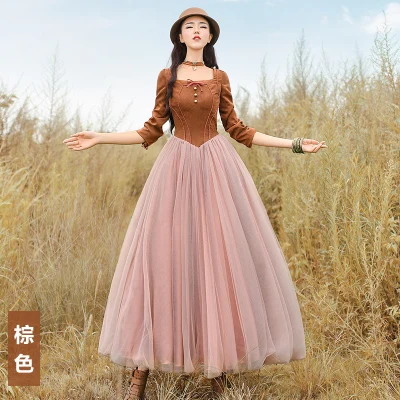 Lynette's chinoisery осеннее женское винтажное Королевское Платье с тонкой талией и сеткой, цельное платье mysheros - Цвет: Коричневый
