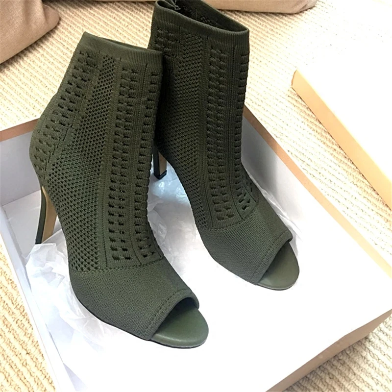 Hanbaidi Fashion Elastic Stretch Sock Boots Women Open Toe Knit Hollow High Heel Shoes Woman Sexy Ankle Summer Zapatos | Обувь