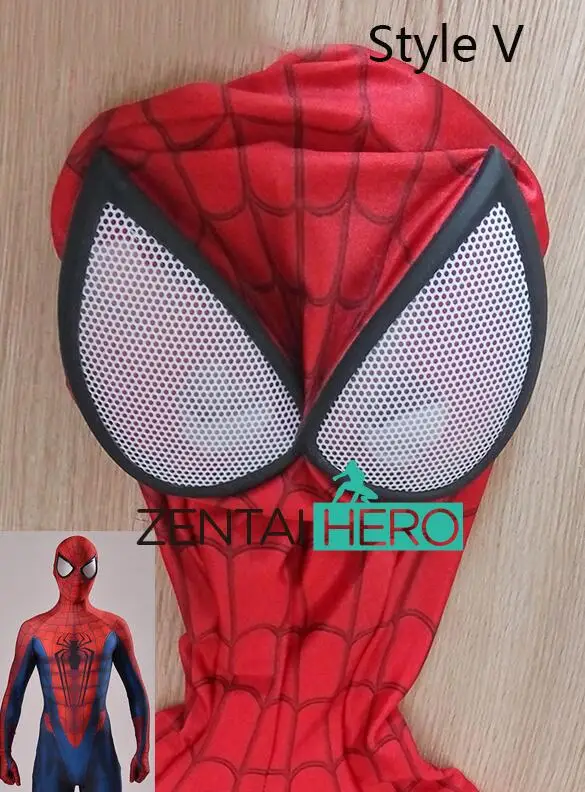 ZentaiHero новая 3D печать Человек-паук Маска Хэллоуин лайкра спандекс супергерой zentai красный человек-паук капюшон с контактные линзы для глаз MK-11 - Цвет: V