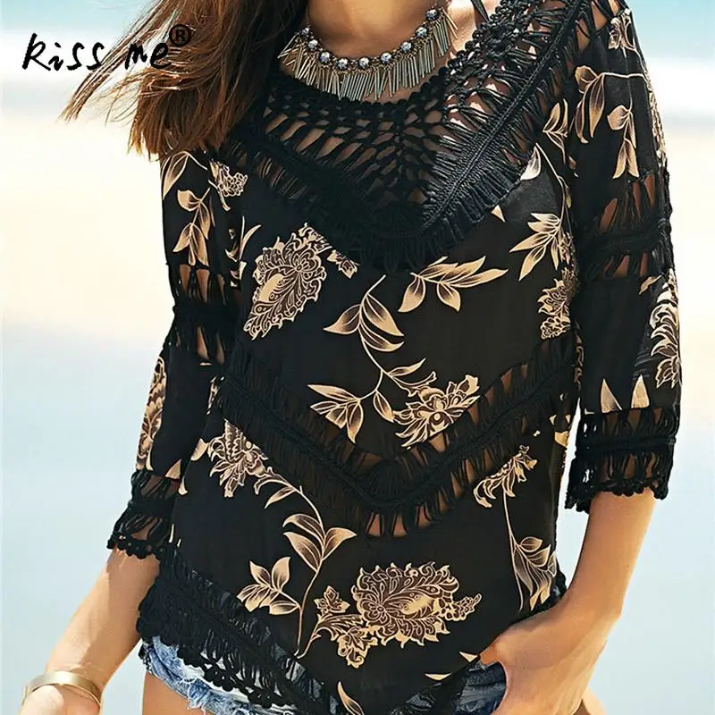 Черный купальник с узором в виде листьев короткая пляжная одежда для США туника