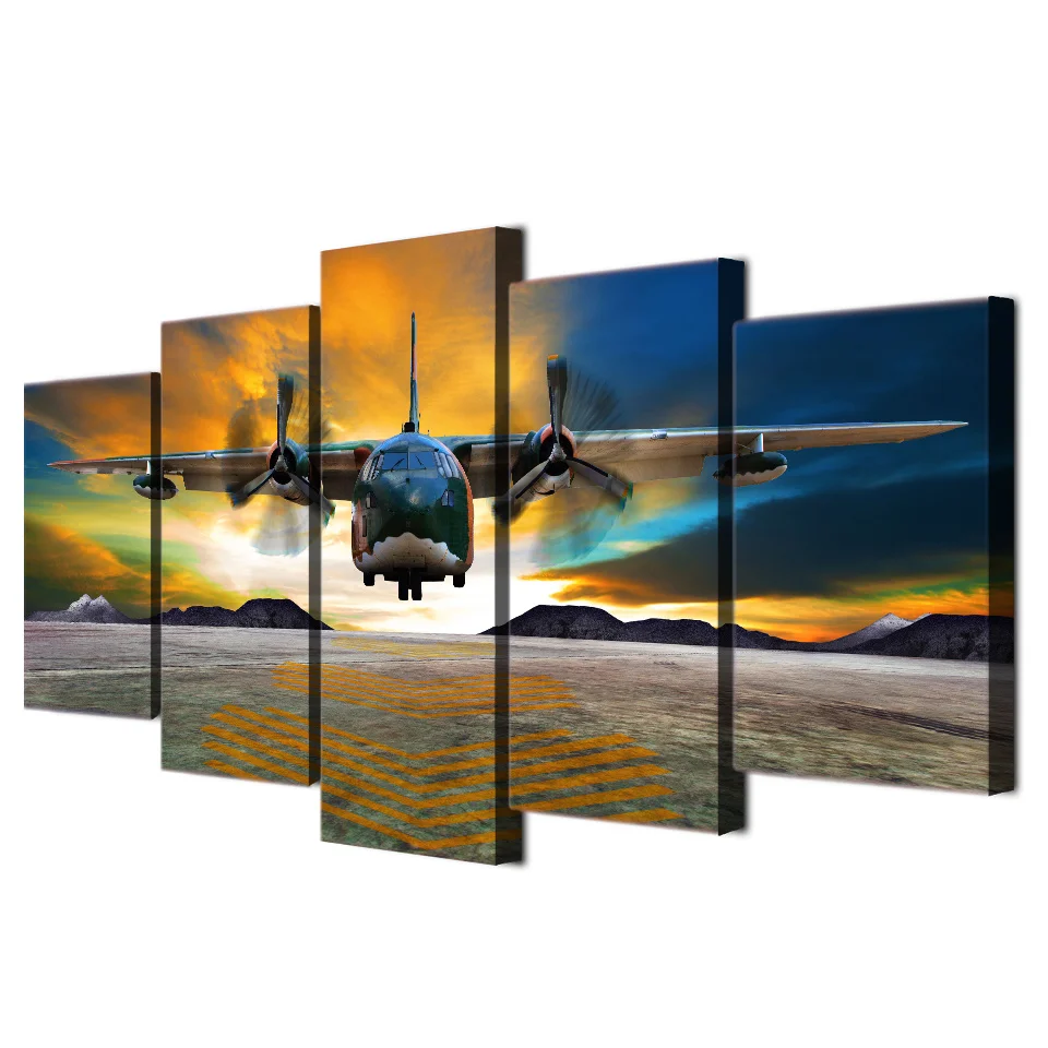 Home Decor HD Prints Canvas Poster Framework 5 Pieces Airplane Fly Sunset Painting Jet Aircraft Picture For Living Room Wall Art | Дом и сад