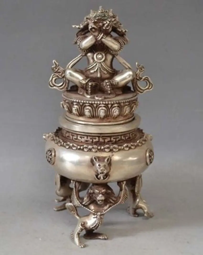 

Delicate Tibetan Silver Mahakala Buddha Incense Burner Censer