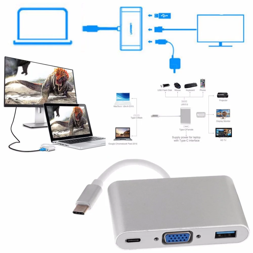 LYBALL USB C 3.0 Type-C к VGA 3 1 Type PD Hub Женский адаптер для нового Macbook 12 дюймов Chromebook Pixel Lumia 950XL
