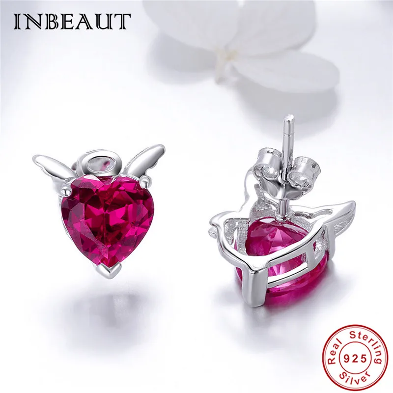Серьги INBEAUT для женщин серебро 925 пробы милое сердце Ангела чертика красное