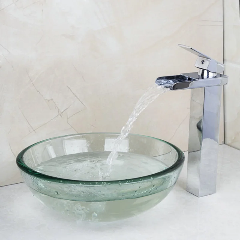 KEMAIDI Contemporary Transparent Tempered Glass Round Wash Basin Vessel Sink With Chrome Bathroom Faucet Set&ampDrain | Обустройство