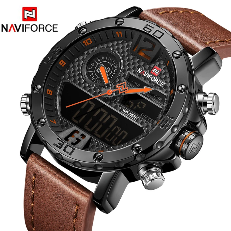 NAVIFORCE мужские часы с двойным дисплеем кожаные спортивные кварцевые светодиодные