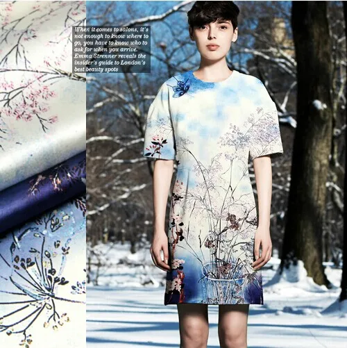 

118*120cm 19mm 93% silk & 7% spandex small pink flower print white blue silk satin fabric for dress shirt clothes 002