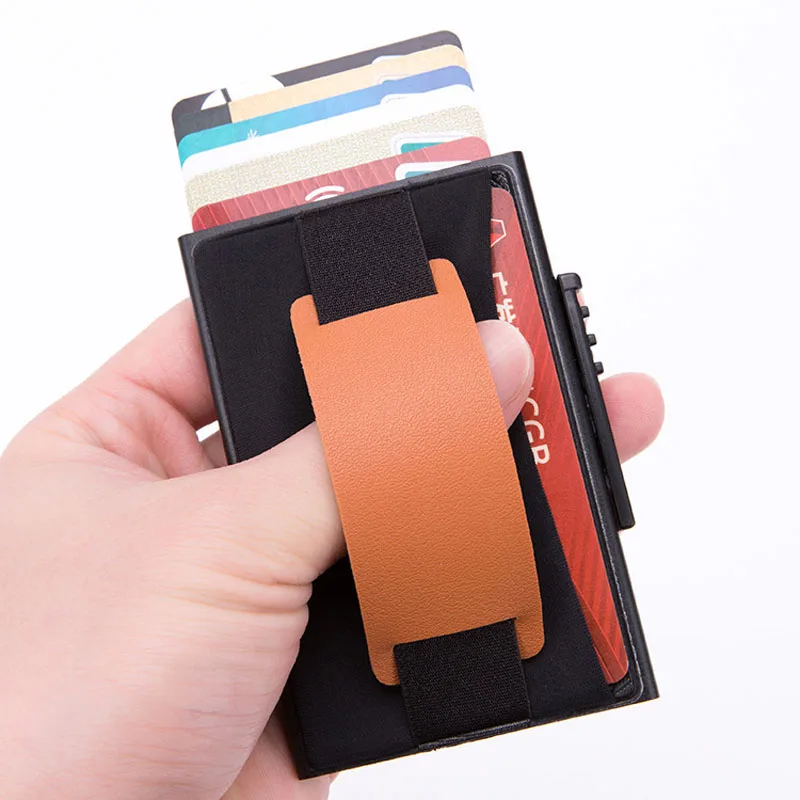

NEW Aluminum Wallet With Elasticity Back Pouch ID Credit Card Holder RFID Mini Slim Wallet Automatic Pop up Credit Card Case