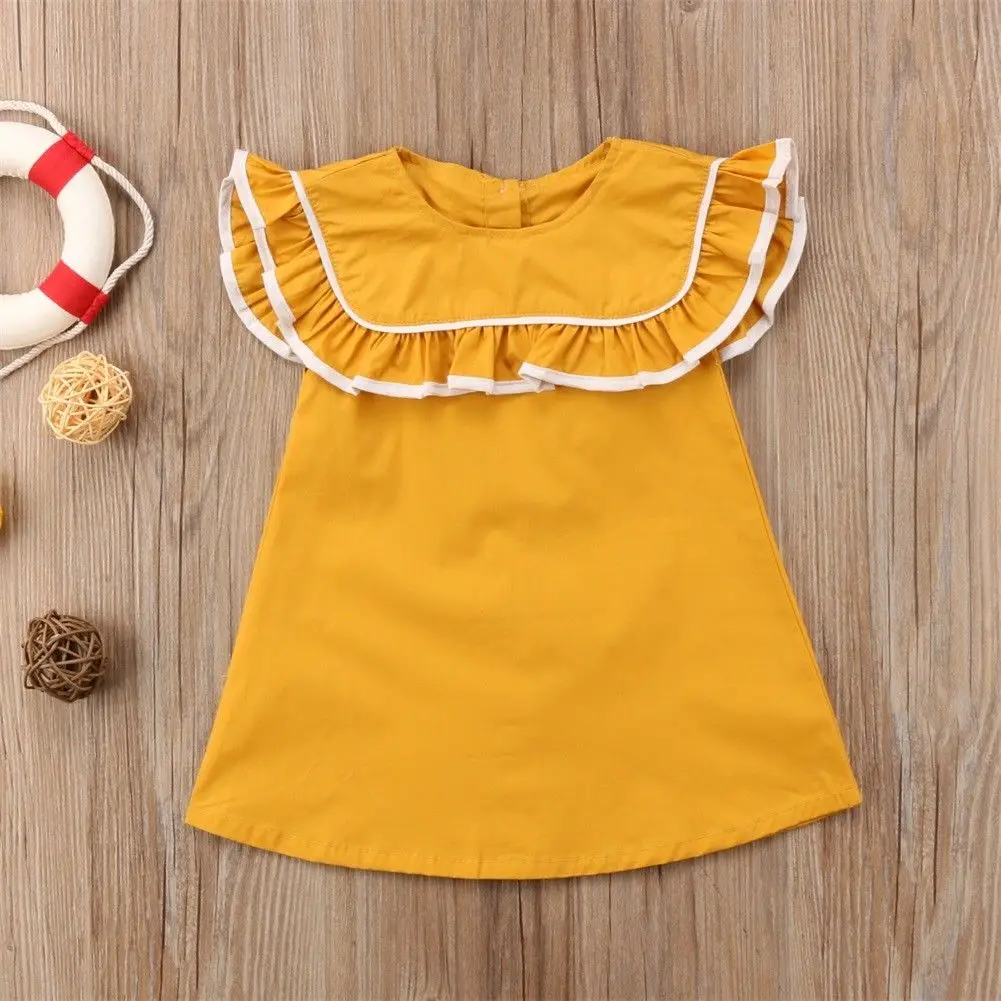 New summer lovely Toddler Kids Baby ruffles short sleeve yellow Princess dress Pageant Wedding Party Vintage Button Dresses | Детская