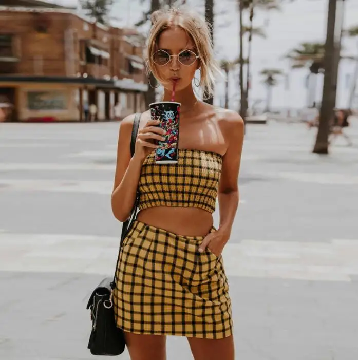 2018 Summer Plaid Print Top + Zipper Skirt Two Piece Sets | Женская одежда