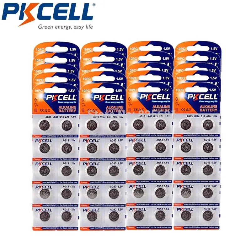 PKCELL 200 шт. AG13 LR44 Щелочная батарейка кнопка zero mercury равна G13 A76 76A 357 SR44W 145mAh