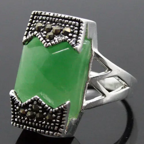 

12*20mm Rare Marcasite Natural Green Natural jade 925 Sterling Silver Ring Size 7/8/9/10