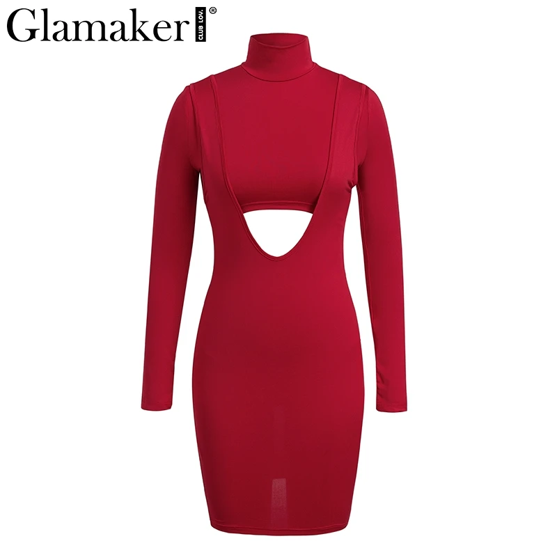 Красный Glamaker выдалбливают трикотажное платье Для женщин пикантные-Костюм из нескольких предметов Длинные рукава Короткие мини-платье зима club crop водолазка праздничное платье - Цвет: Красный