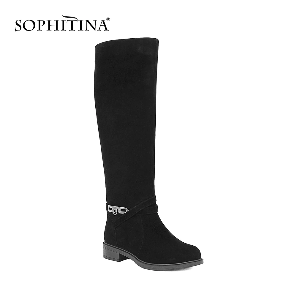 

SOPHITINA Cow Leather Knee-High Boots Women's Zipper Round Toe Low Square Heel Winter Shoes Fashion Metal Decoration Boots B034