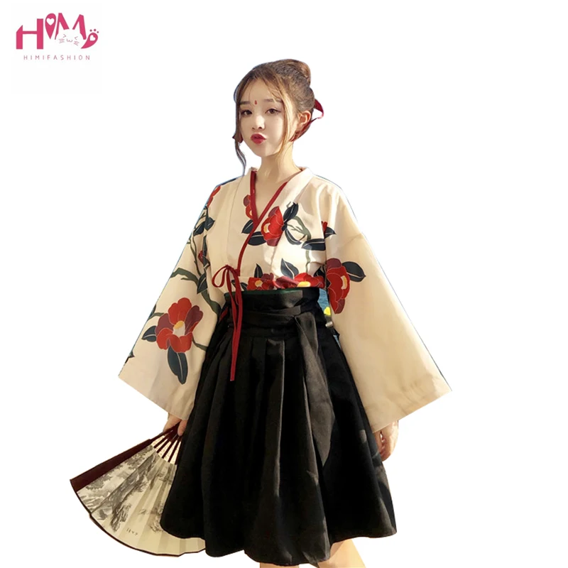 Hanfu/женская летняя юбка в китайском стиле, винтажная блузка с длинным рукавом и принтом и длинная юбка на шнуровке, комплект из двух предметов